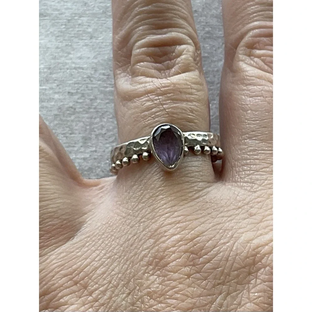 Vintage 925 Sterling Silver Amethyst Ring Size 8 Hammered Estate Jewelry